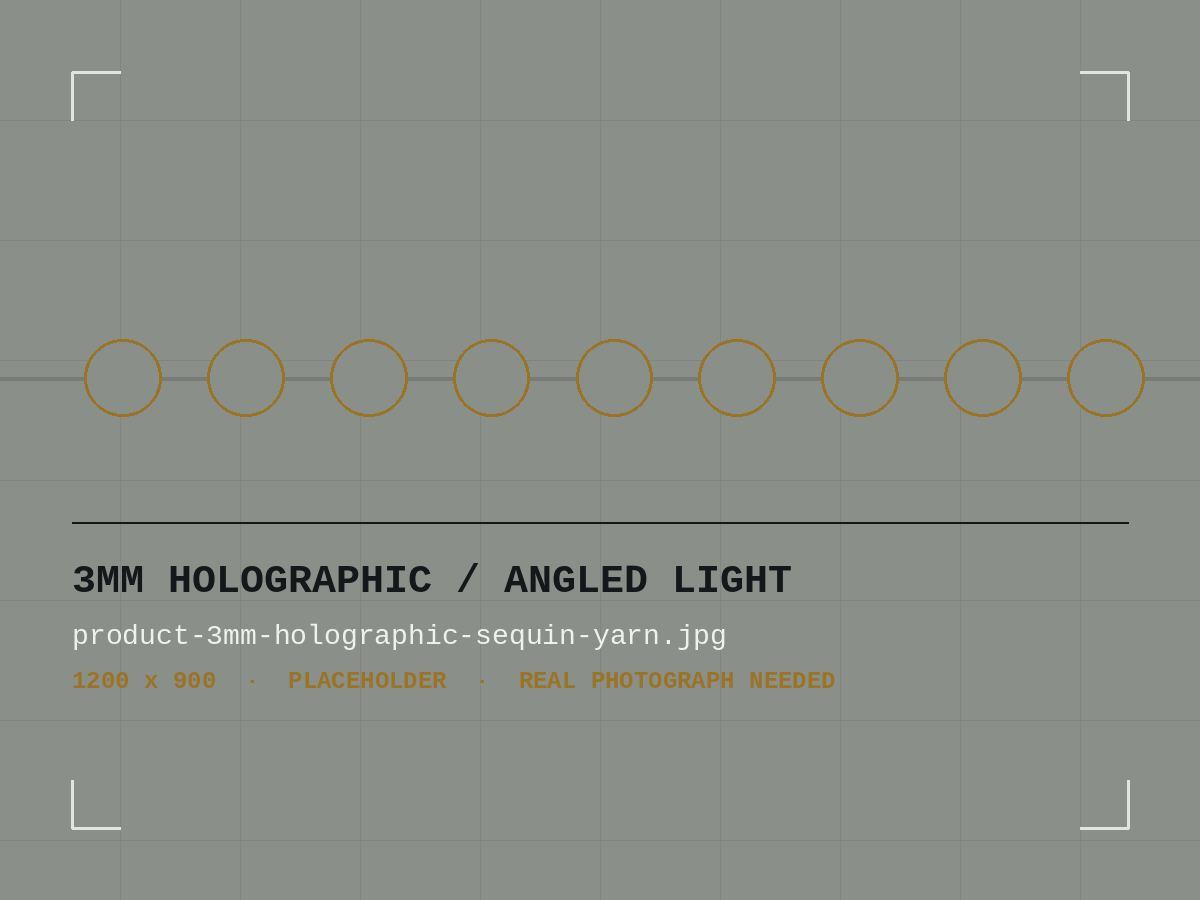 3mm holographic sequin yarn photographed under angled light so the colour shift across the discs is visible